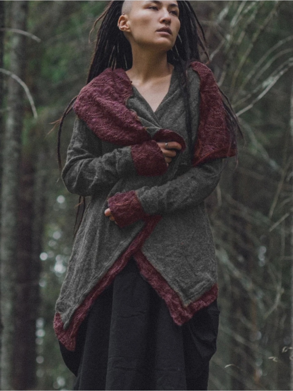 Thaluta wraparound faux shawl and hood sweater